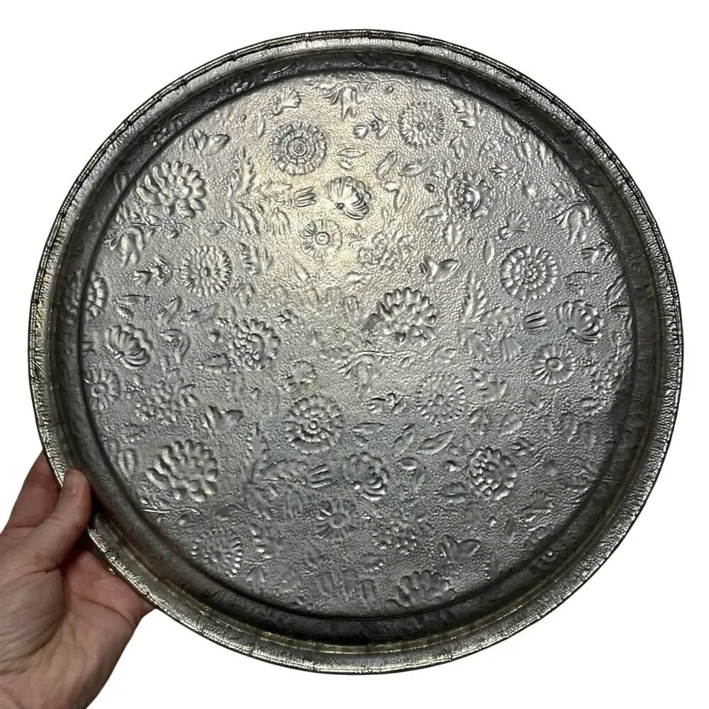 Textured Tea Tin Round Platter Tray Silver Tone 13in Vintage Floral Relief